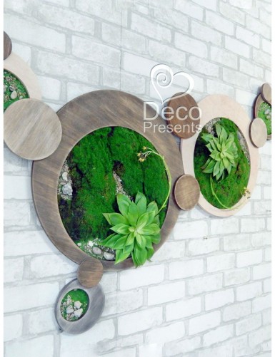 Modulares Gemälde aus Holz und Pflanzen „Kreise“ für den Innenraum eines Cafés